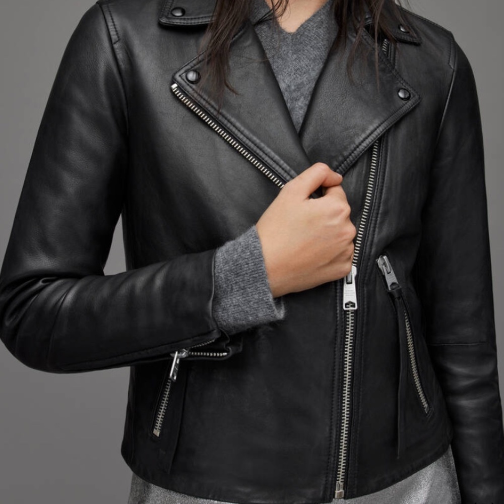 All Saints Black Dalby Leather Biker Jacket Size 10